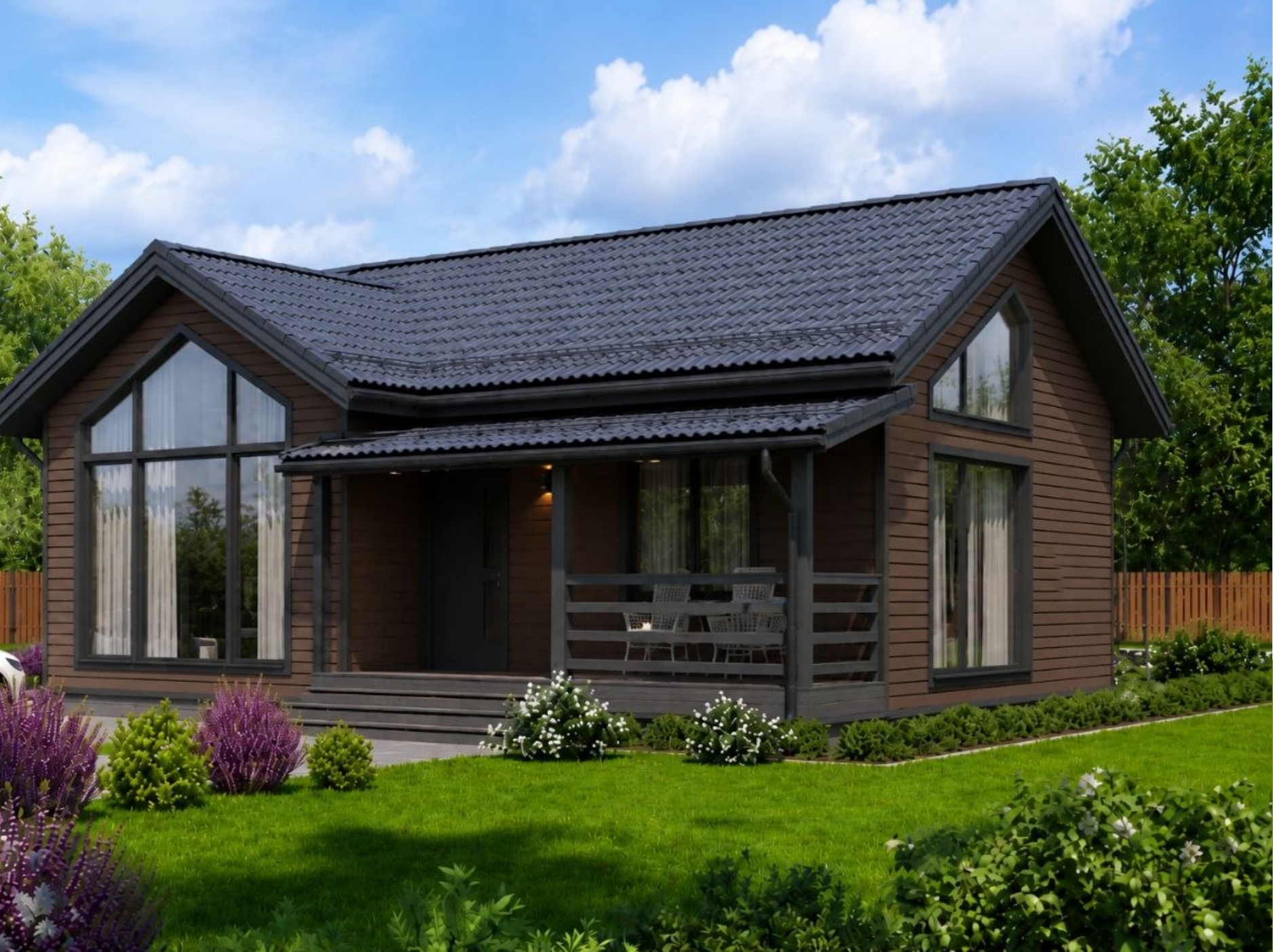 Пример проекта каркасного дома 72 м² с террасой