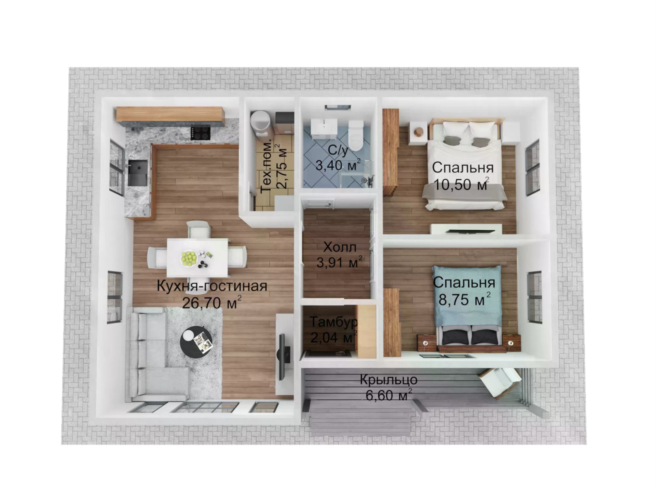 Планировка каркасного дома 72 м²: кухня-гостиная, две спальни, санузел, крыльцо